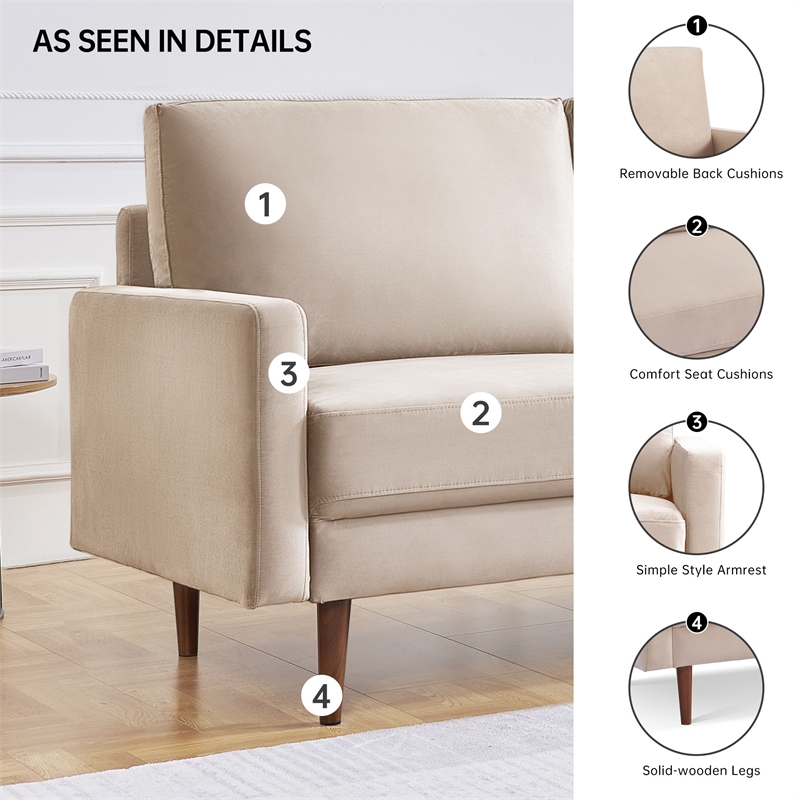 57 Inch Wide Upholstered Two Cushion Loveseat with Square Arms in Beige Velvet