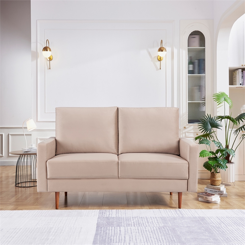 57 Inch Wide Upholstered Two Cushion Loveseat with Square Arms in Beige Velvet