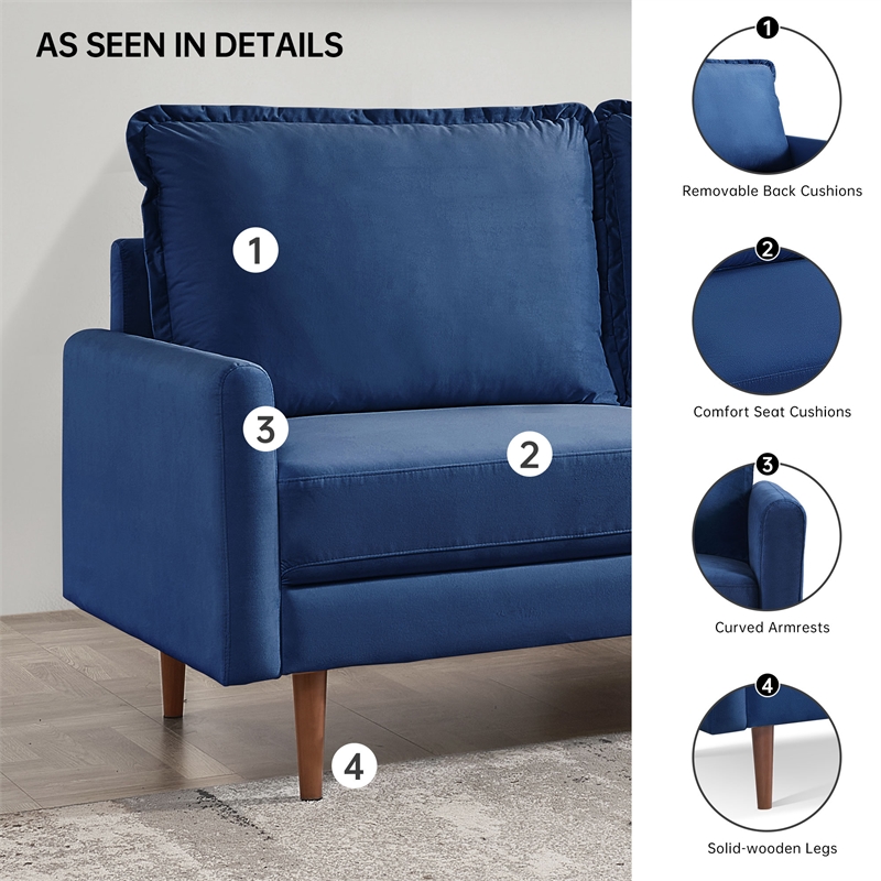 69 Inch Wide Upholstered Two Cushion Sofa with Cambered Arms in Blue Velvet