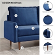 69 Inch Wide Upholstered Two Cushion Sofa with Cambered Arms in Blue Velvet