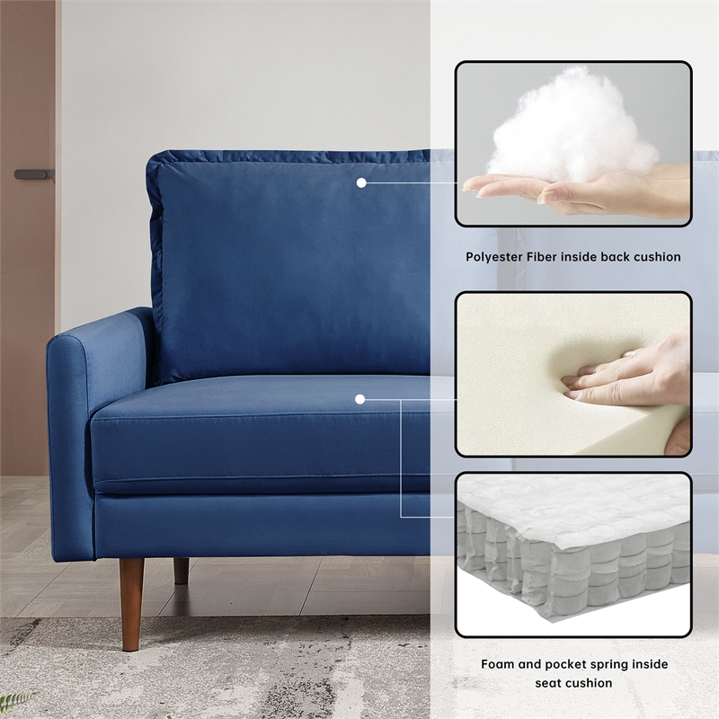 69 Inch Wide Upholstered Two Cushion Sofa with Cambered Arms in Blue Velvet