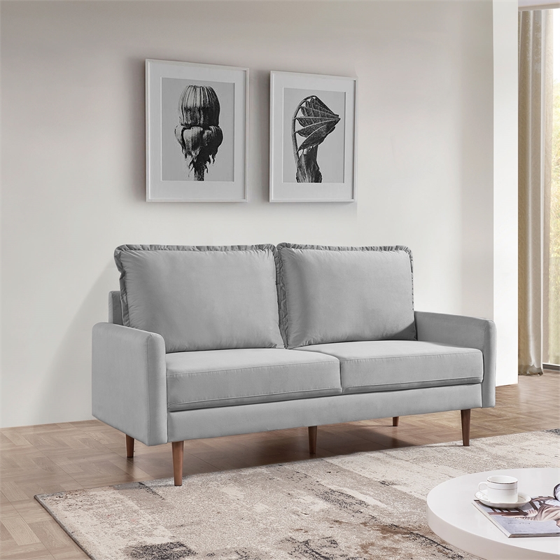 69 Inch Wide Upholstered Two Cushion Sofa with Cambered Arms in Grey Velvet