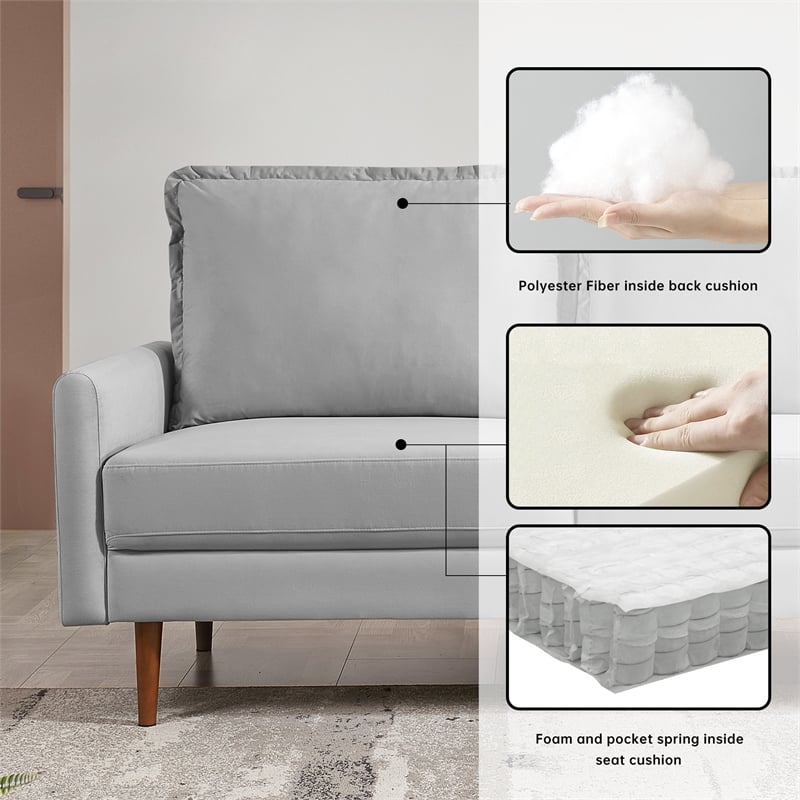 69 Inch Wide Upholstered Two Cushion Sofa with Cambered Arms in Grey Velvet