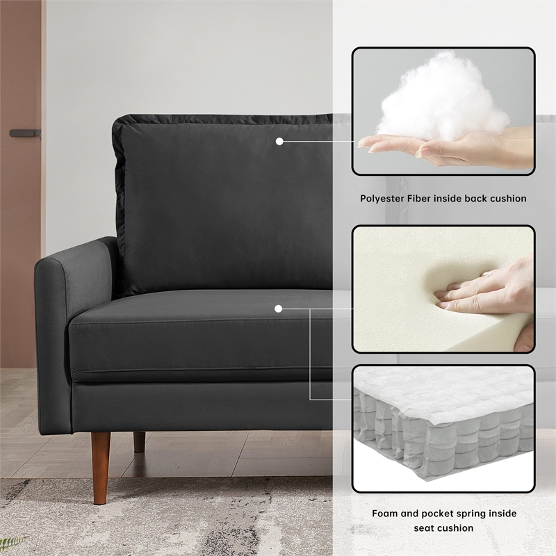 69 Inch Wide Upholstered Two Cushion Sofa with Cambered Arms in Black Velvet