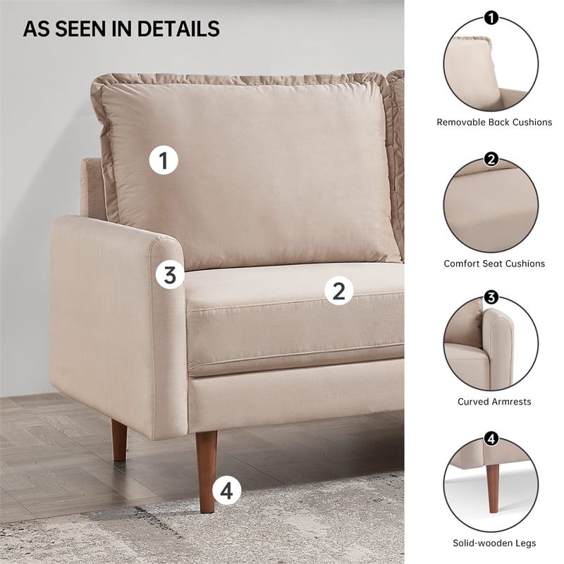 69 Inch Wide Upholstered Two Cushion Sofa with Cambered Arms in Beige Velvet