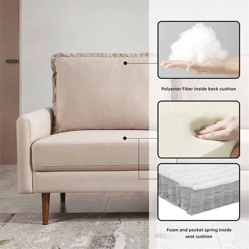 69 Inch Wide Upholstered Two Cushion Sofa with Cambered Arms in Beige Velvet