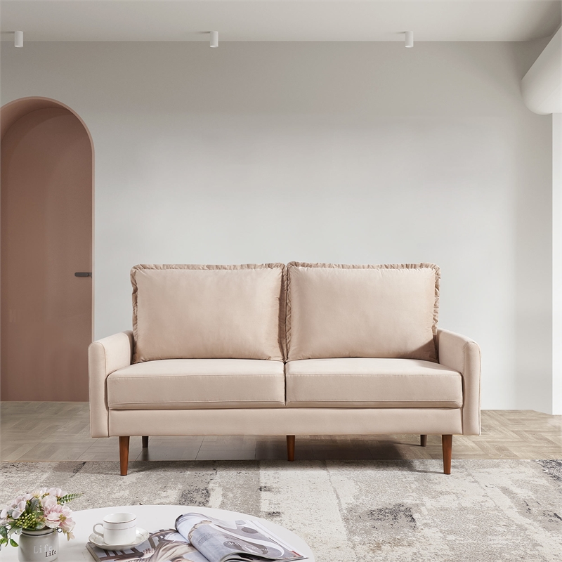 69 Inch Wide Upholstered Two Cushion Sofa with Cambered Arms in Beige Velvet