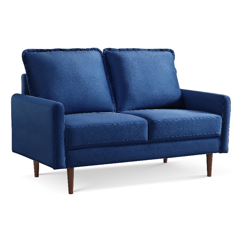 57 Inch Wide Upholstered Two Cushion Loveseat with Cambered Arms in Blue Velvet