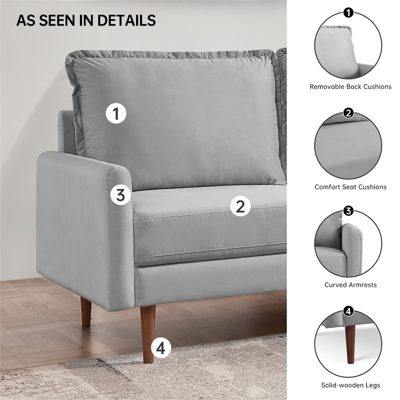 57 Inch Wide Upholstered Two Cushion Loveseat with Cambered Arms in Grey Velvet