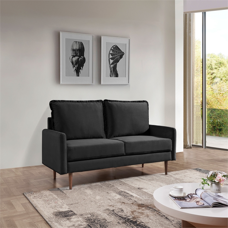 57 Inch Wide Upholstered Two Cushion Loveseat with Cambered Arms in Black Velvet