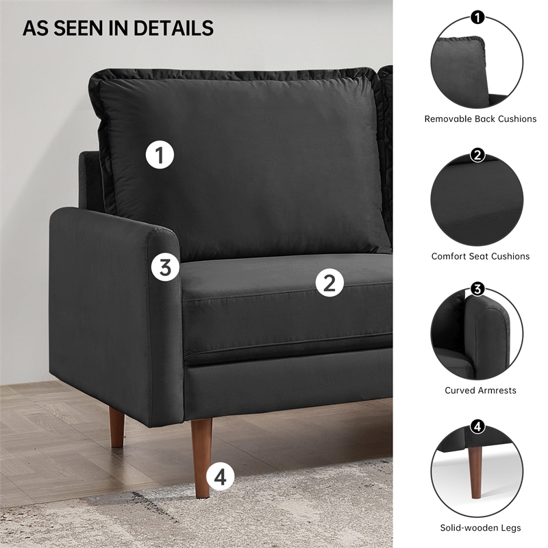 57 Inch Wide Upholstered Two Cushion Loveseat with Cambered Arms in Black Velvet