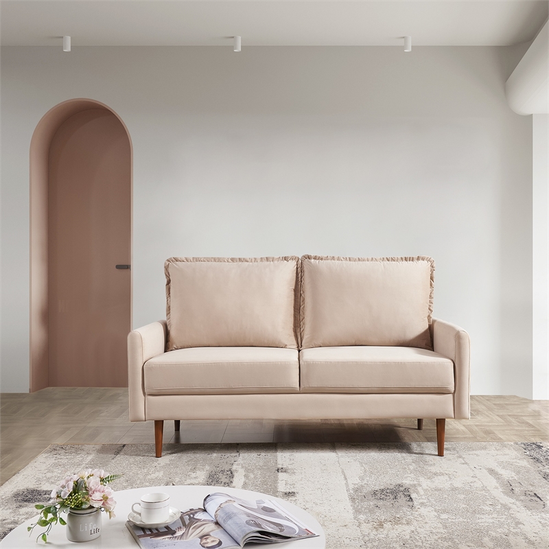 57 Inch Wide Upholstered Two Cushion Loveseat with Cambered Arms in Beige Velvet