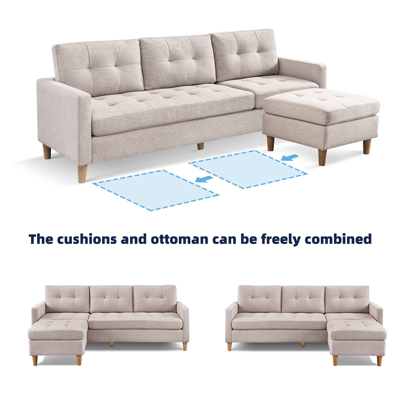 Two Piece Upholstered Tufted L Shaped Sectional with Ottoman in Beige