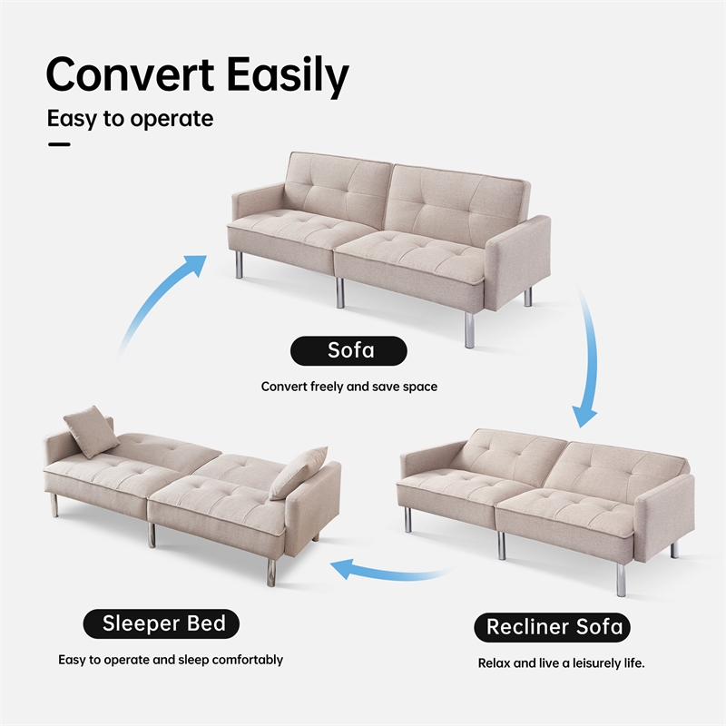 Tufted Futon Convertible Sofa Sleeper with Two Throw Pillows in Beige Velvet