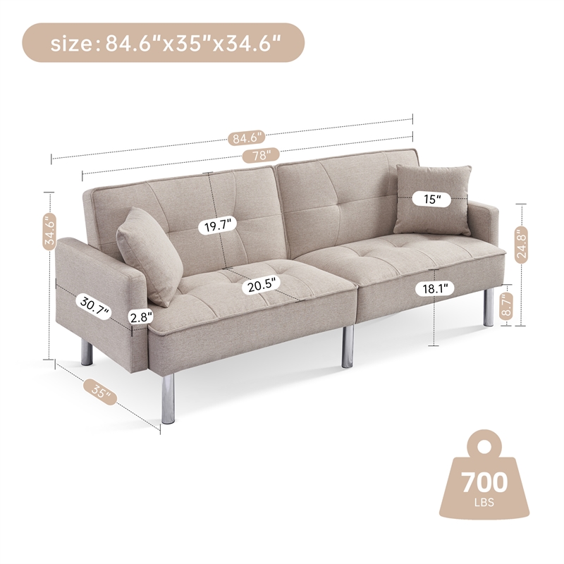 Tufted Futon Convertible Sofa Sleeper with Two Throw Pillows in Beige Velvet