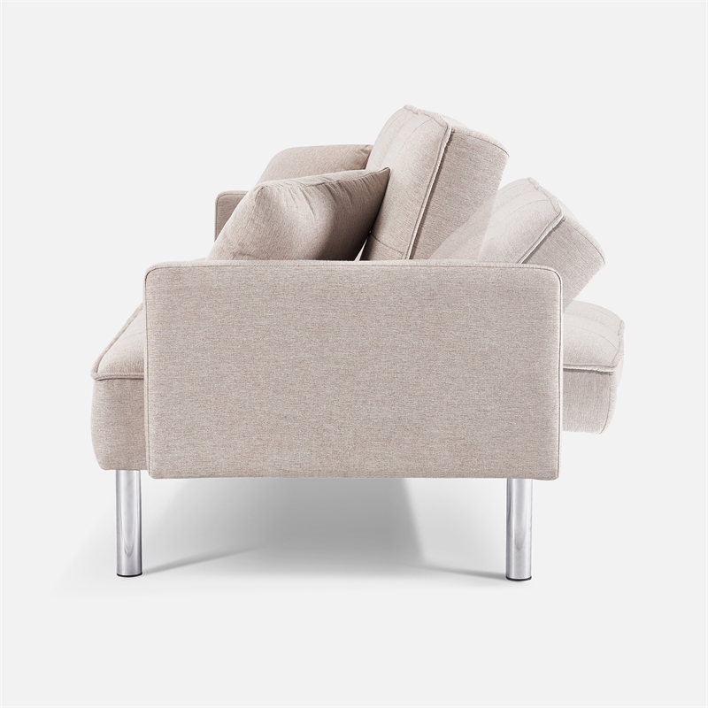 Tufted Futon Convertible Sofa Sleeper with Two Throw Pillows in Beige Velvet