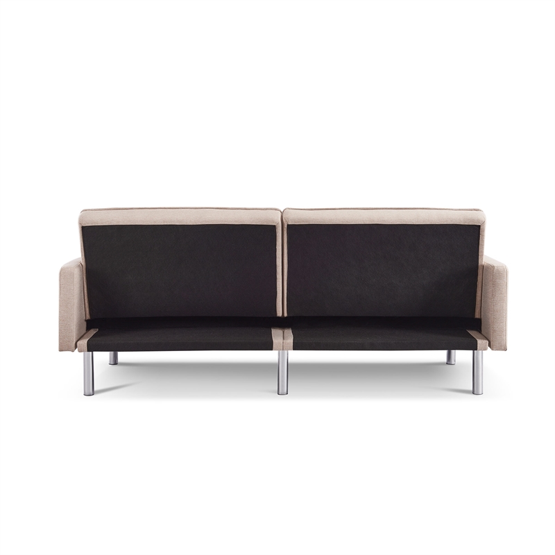 Tufted Futon Convertible Sofa Sleeper with Two Throw Pillows in Beige Velvet