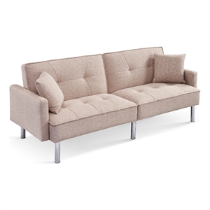 Tufted Futon Convertible Sofa Sleeper with Two Throw Pillows in Beige Velvet