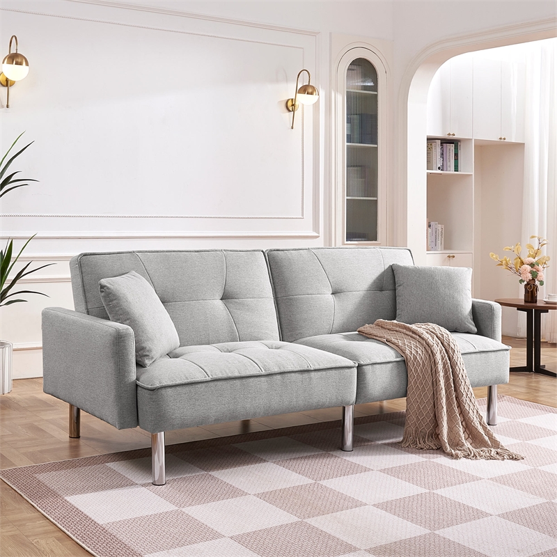 Tufted Futon Convertible Sofa Sleeper w/ Two Throw Pillows in Light Grey Velvet