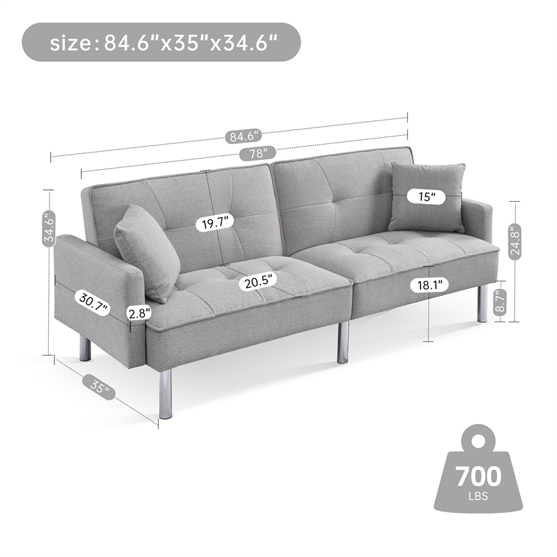 Tufted Futon Convertible Sofa Sleeper w/ Two Throw Pillows in Light Grey Velvet