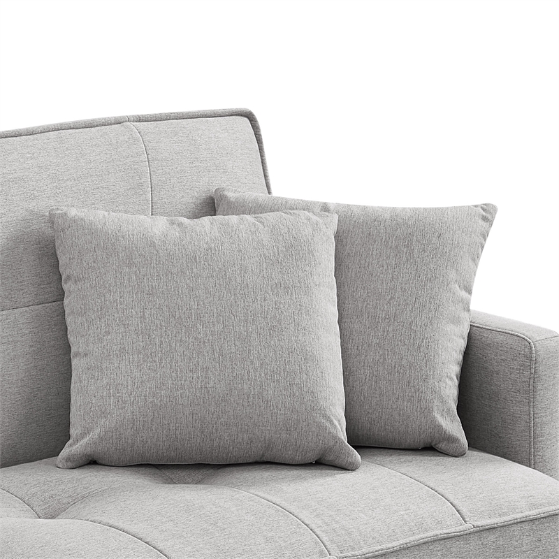 Tufted Futon Convertible Sofa Sleeper w/ Two Throw Pillows in Light Grey Velvet