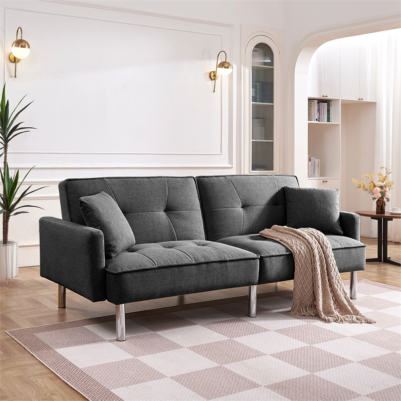 Tufted Futon Convertible Sofa Sleeper with Two Throw Pillows in Dark Grey Velvet