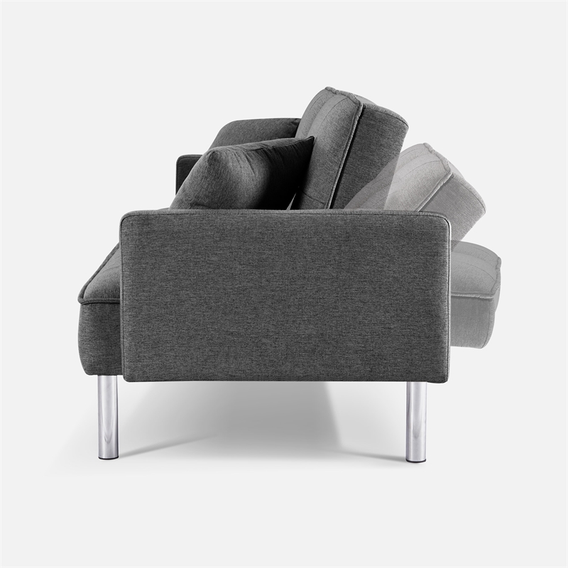 Tufted Futon Convertible Sofa Sleeper with Two Throw Pillows in Dark Grey Velvet