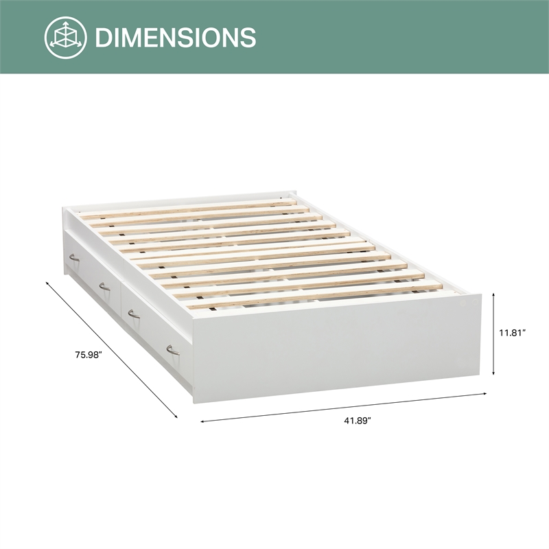 OS Home and Office Furniture Twin Sized White Mates Bed with Two Drawers