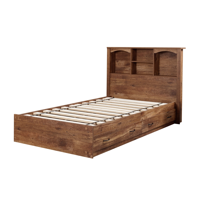 OS Home and Office Furniture Twin Sized Bookcase Headboard Platform Bed in Oak