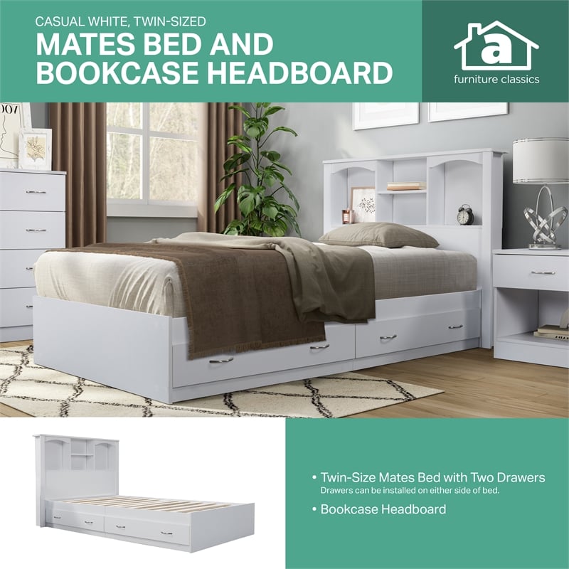 OS Home and Office Furniture Twin Size Bookcase Headboard and Platform Bed White