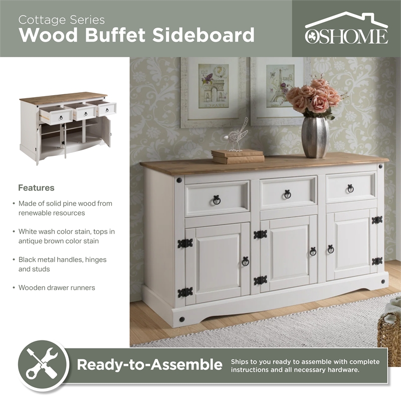 OS Home and Office Furniture Cottage Series Wood Buffet Sideboard in White