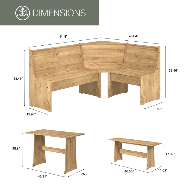 OS Home and Office Furniture Solid Pine Corner Dining Booth in Brown