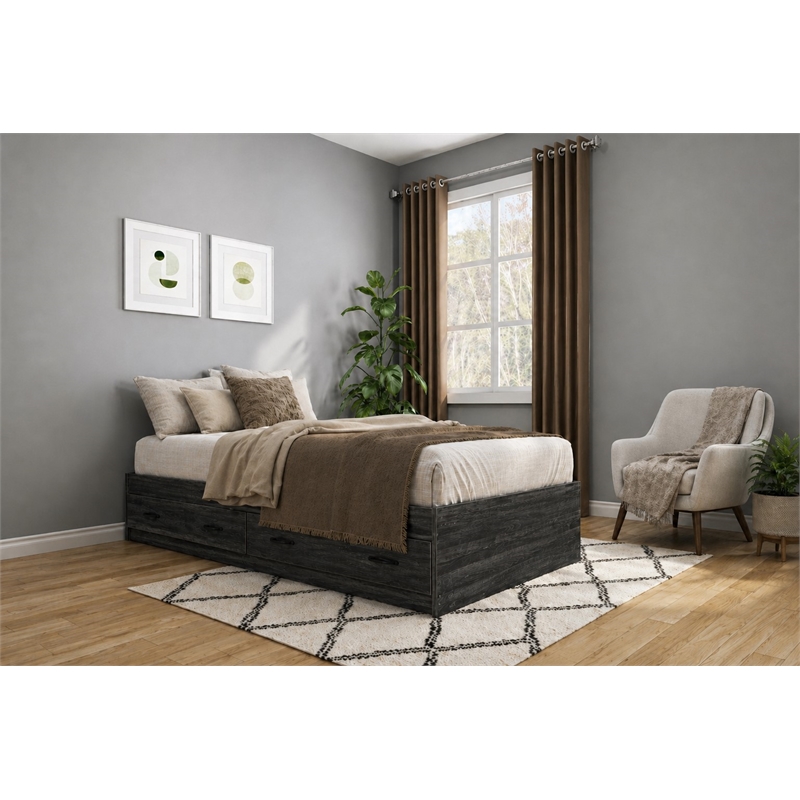 OSHOME Twin Size Black Mates Bed with Two Storage Drawers