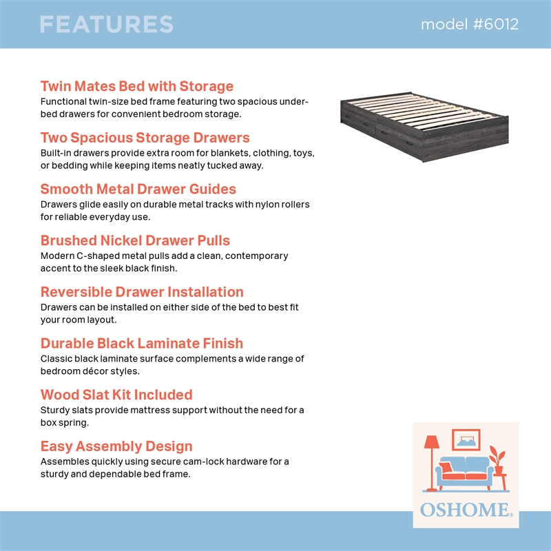 OSHOME Twin Size Black Mates Bed with Two Storage Drawers