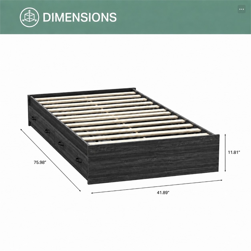 OSHOME Twin Size Black Mates Bed with Two Storage Drawers