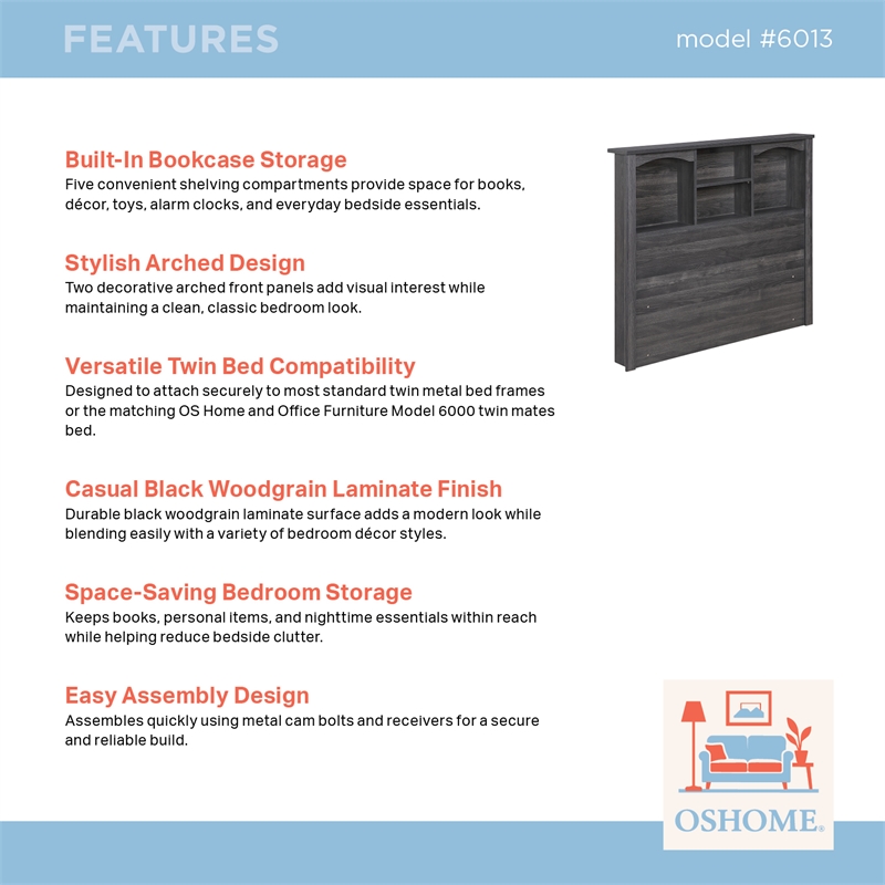 OSHOME Twin Size Black Storage Bookcase Headboard with Shelves