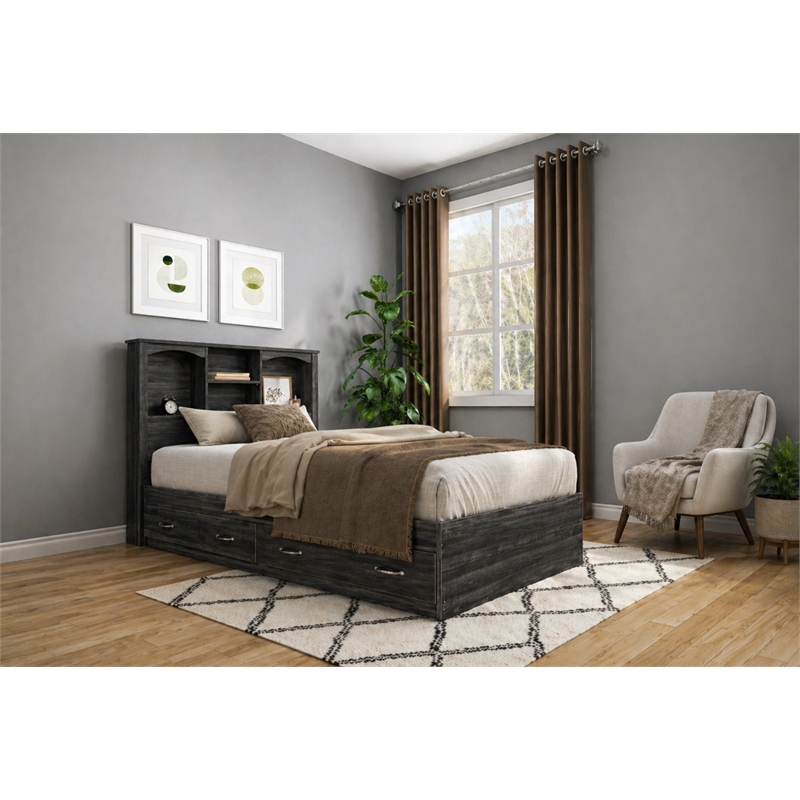 OSHOME Twin Size Black Bookcase Headboard and Twin Size Platform Mates Bed Combo