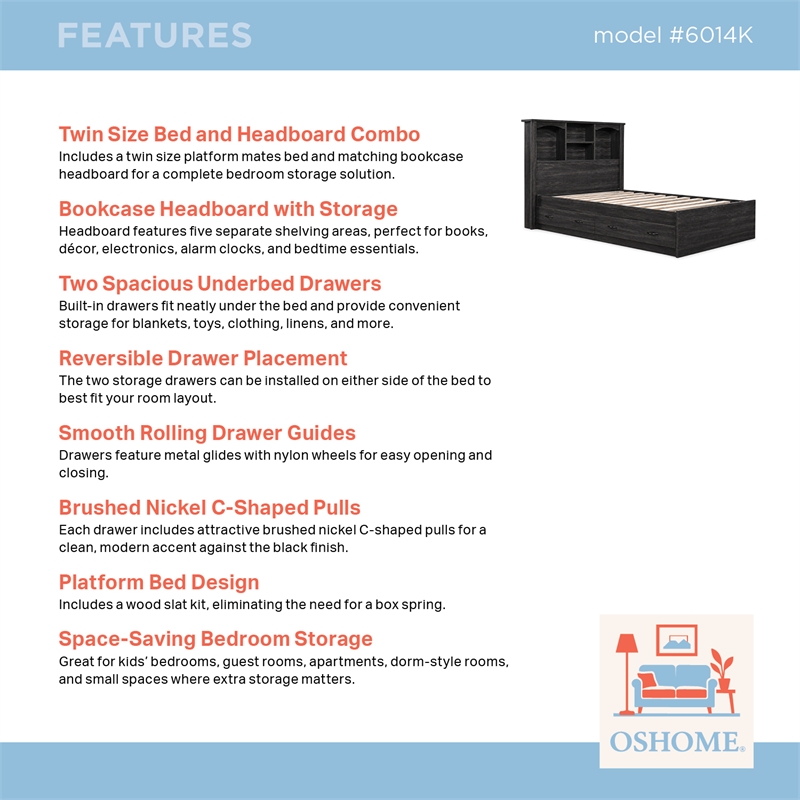 OSHOME Twin Size Black Bookcase Headboard and Twin Size Platform Mates Bed Combo