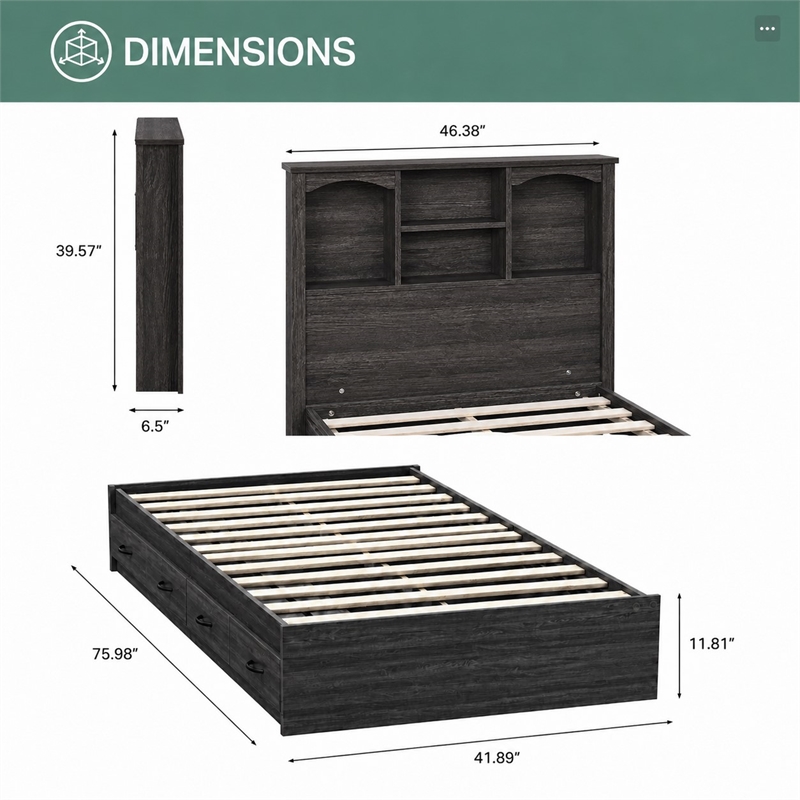 OSHOME Twin Size Black Bookcase Headboard and Twin Size Platform Mates Bed Combo
