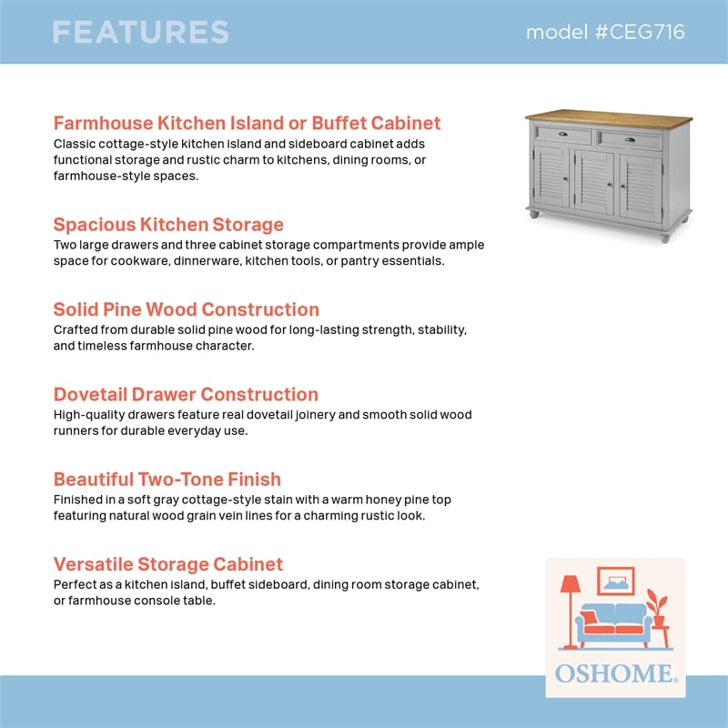 Solid Pine Farmhouse Buffet/Sideboard Cabinet in Corona Gray and Brown