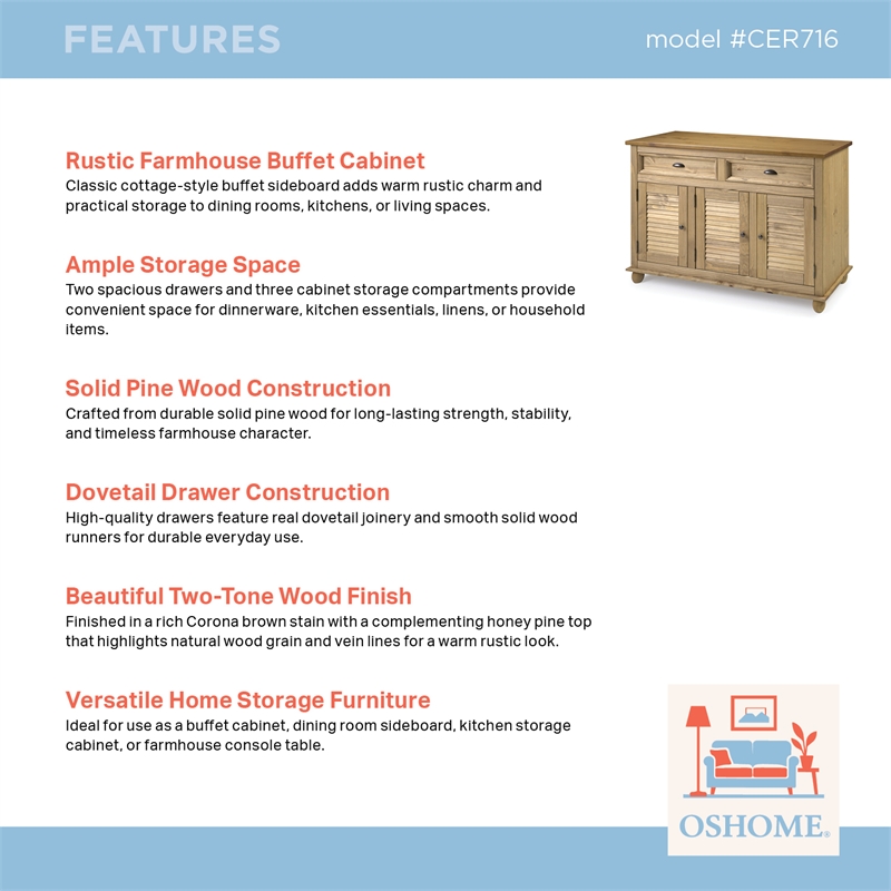 Solid Pine Farmhouse Buffet/Sideboard Cabinet in Corona Brown