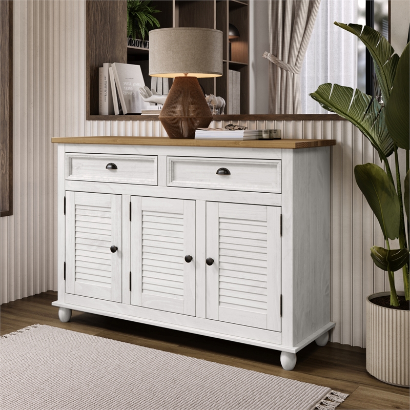 Solid Pine Farmhouse Buffet/Sideboard Cabinet in Distressed White and Brown