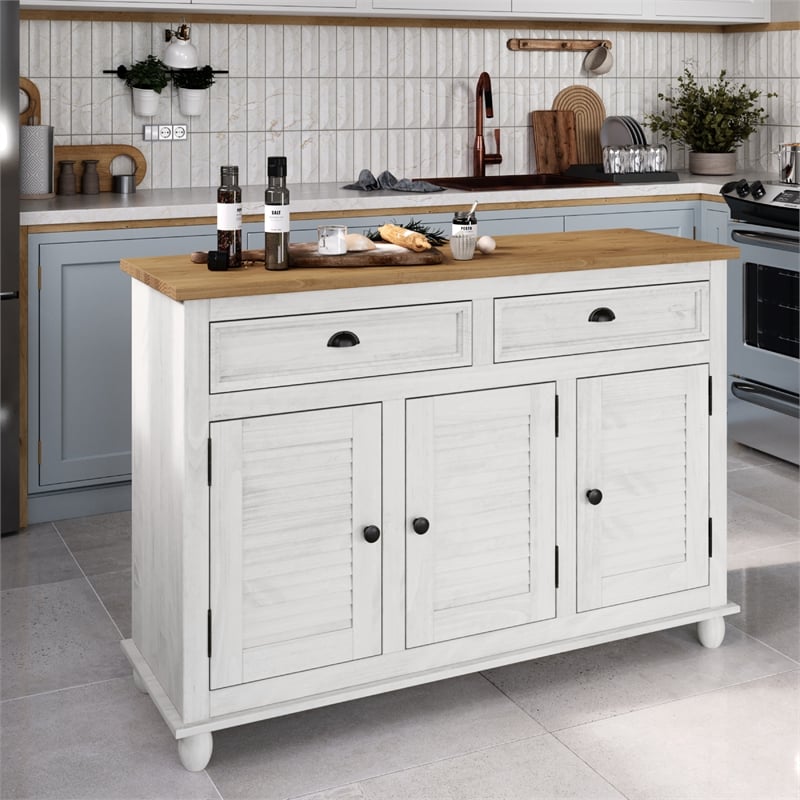 Solid Pine Farmhouse Buffet/Sideboard Cabinet in Distressed White and Brown
