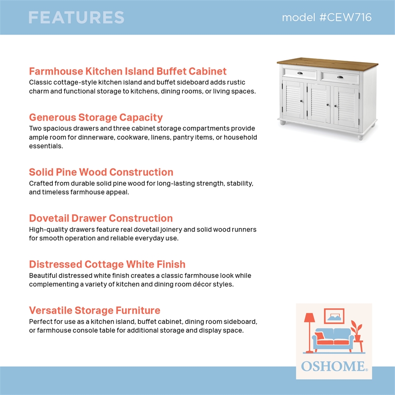 Solid Pine Farmhouse Buffet/Sideboard Cabinet in Distressed White and Brown