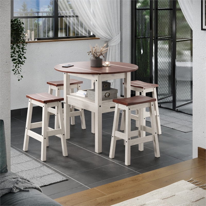 Solid Pine 5-Piece Farmhouse Drop Leaf Dining Table Set in Distressed White