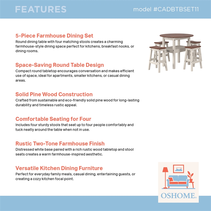Solid Pine 5-Piece Farmhouse Drop Leaf Dining Table Set in Distressed White