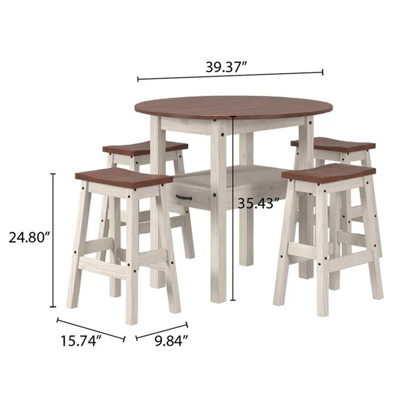 Solid Pine 5-Piece Farmhouse Drop Leaf Dining Table Set in Distressed White