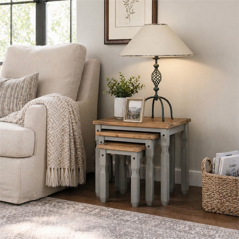 Solid Pine 3-Piece Farmhouse Nesting Side Table Set in Corona Gray