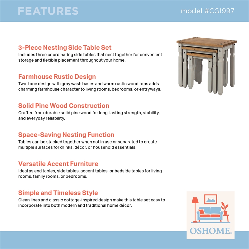 Solid Pine 3-Piece Farmhouse Nesting Side Table Set in Corona Gray