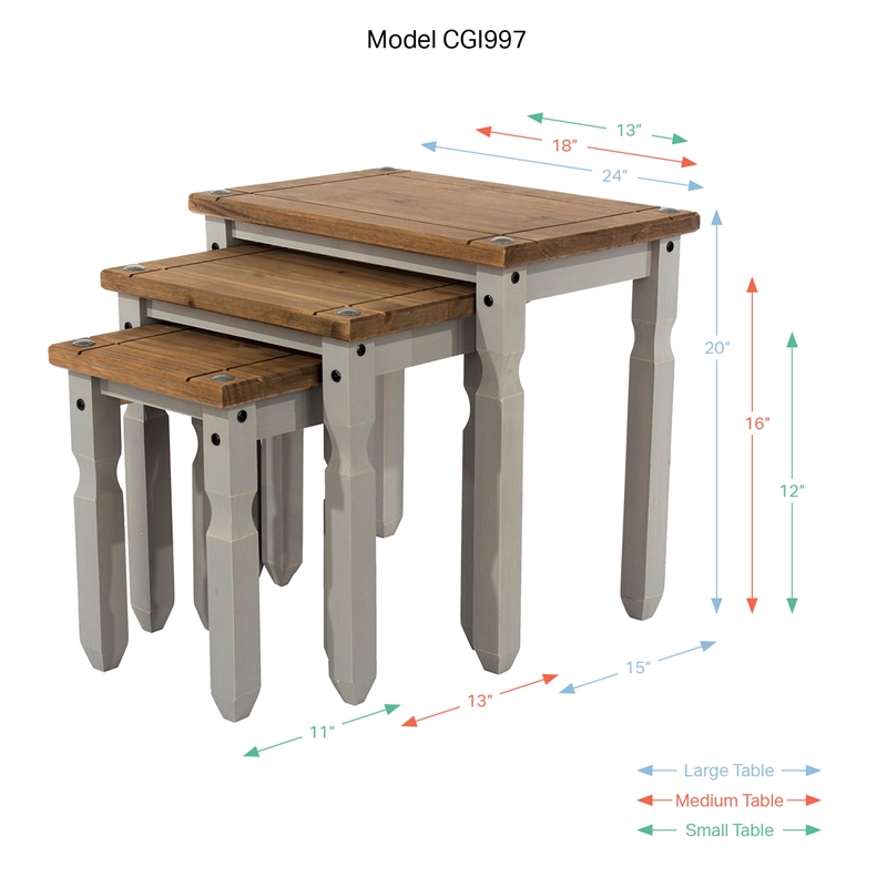 Solid Pine 3-Piece Farmhouse Nesting Side Table Set in Corona Gray